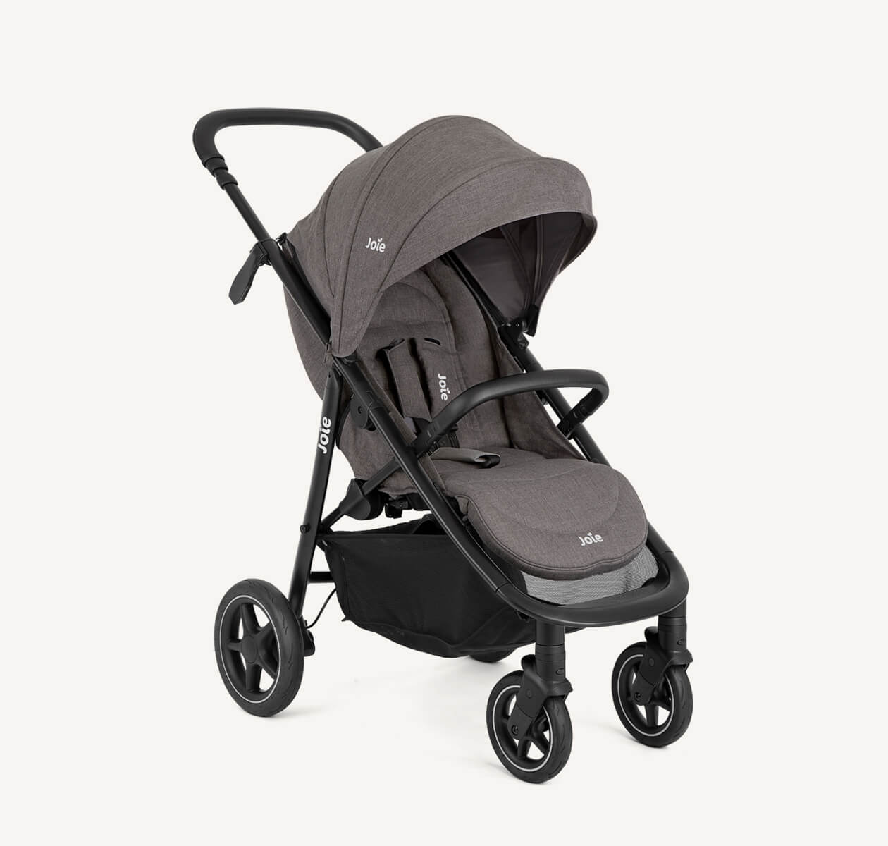Dark gray Joie mytrax pro stroller at a 45 degree angle. 