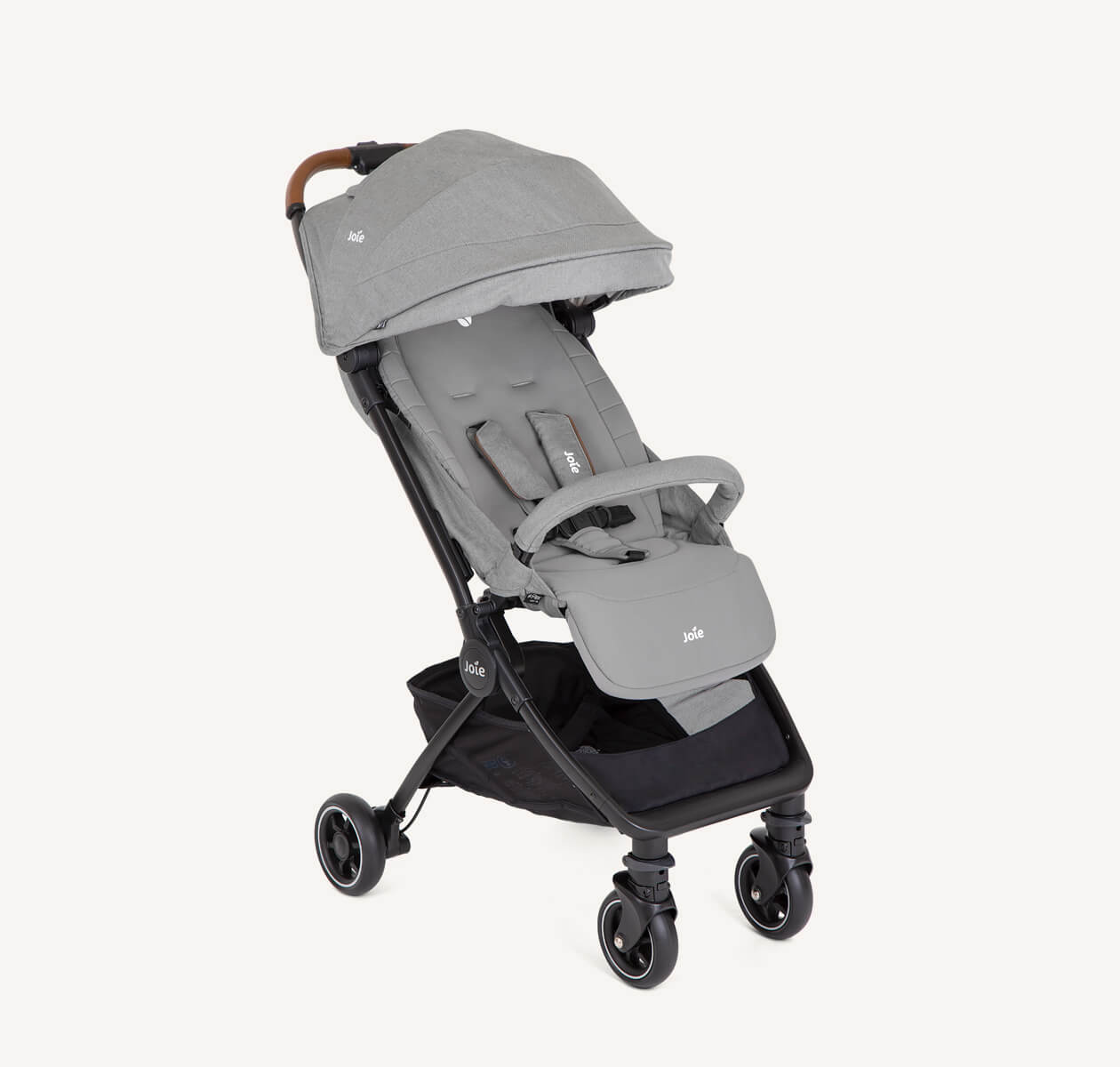  Joie lightweight stroller pact flex in light gray at an angle.