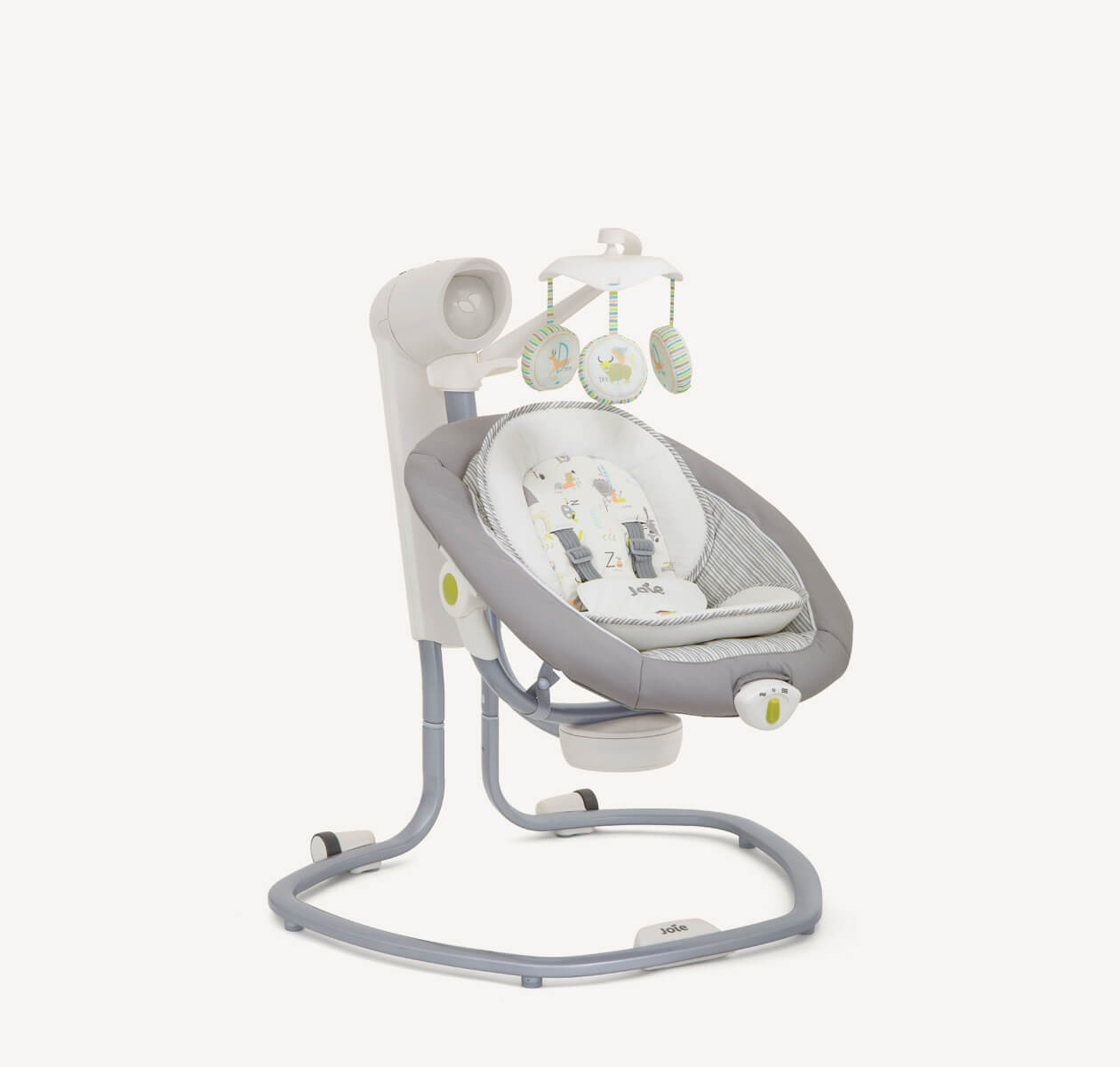 Joie Serina Swivel baby swing that is grey and white at a right angle.