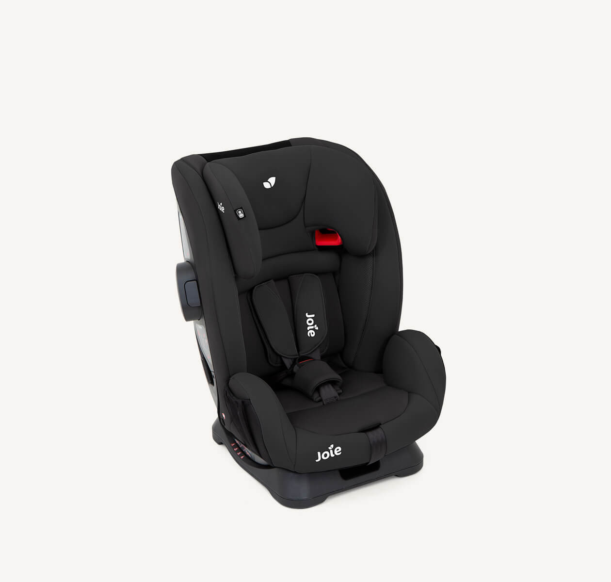 Joie fortify R child car seat in black facing at a right angle with the headrest fully lowered.