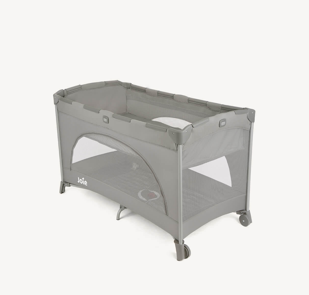 The Joie travel cot allura in grey with a bassinet at a left angle.
