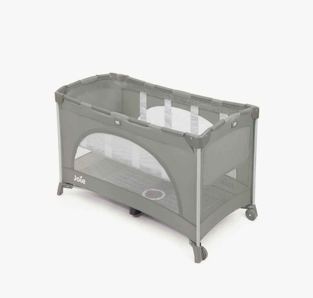 The Joie travel cot allura in grey with a bassinet at a left angle.