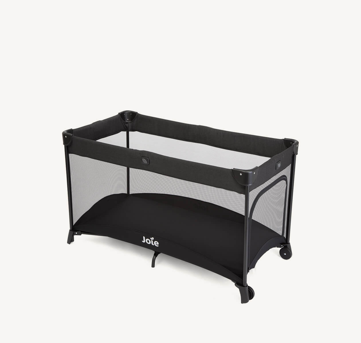 The Joie travel cot allura in grey with a bassinet at a left angle.