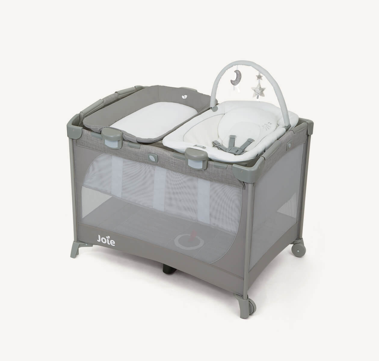 Joie travel cot commuter change & bouncer in grey with bassinet, changer, and bouncer seat at a right angle.