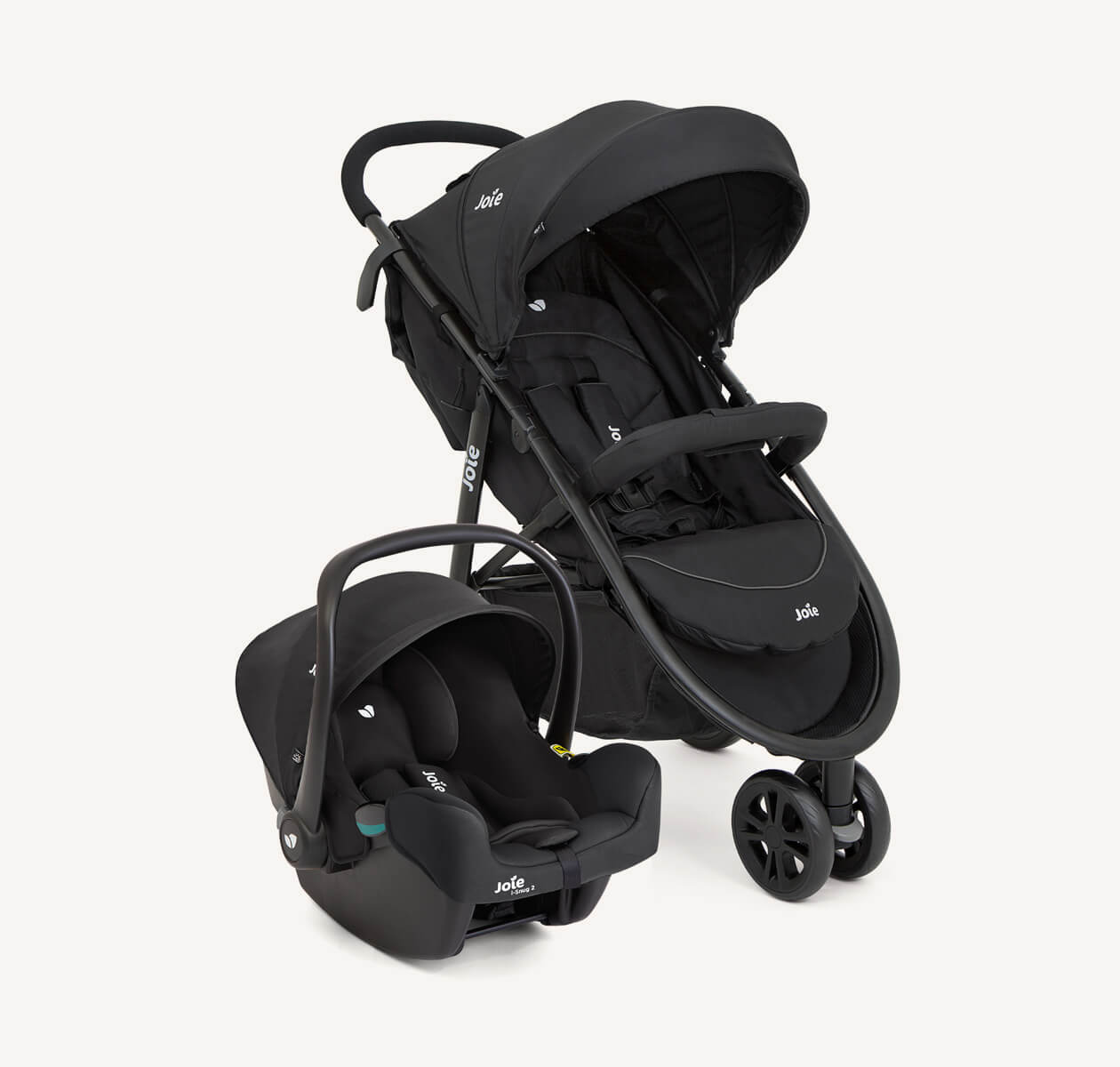 Joie Litetrax 3 and i-snug 2 infant car seat in black  side by side, at a right angle.
