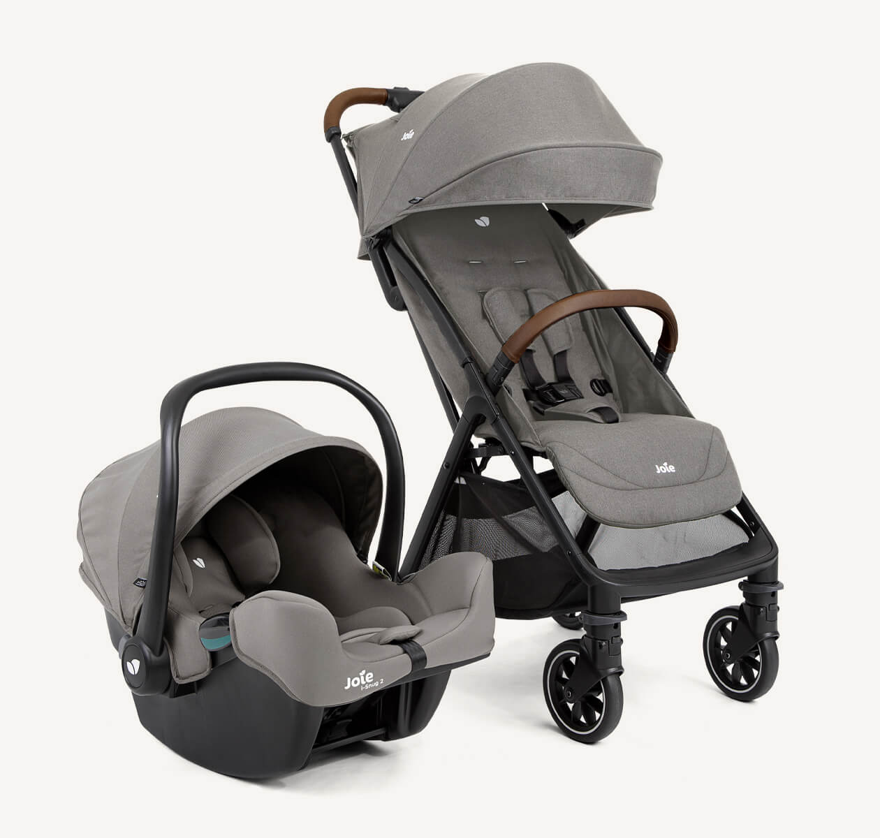 Joie i-snug 2 e pact pro in grigio affiancati, vista angolare