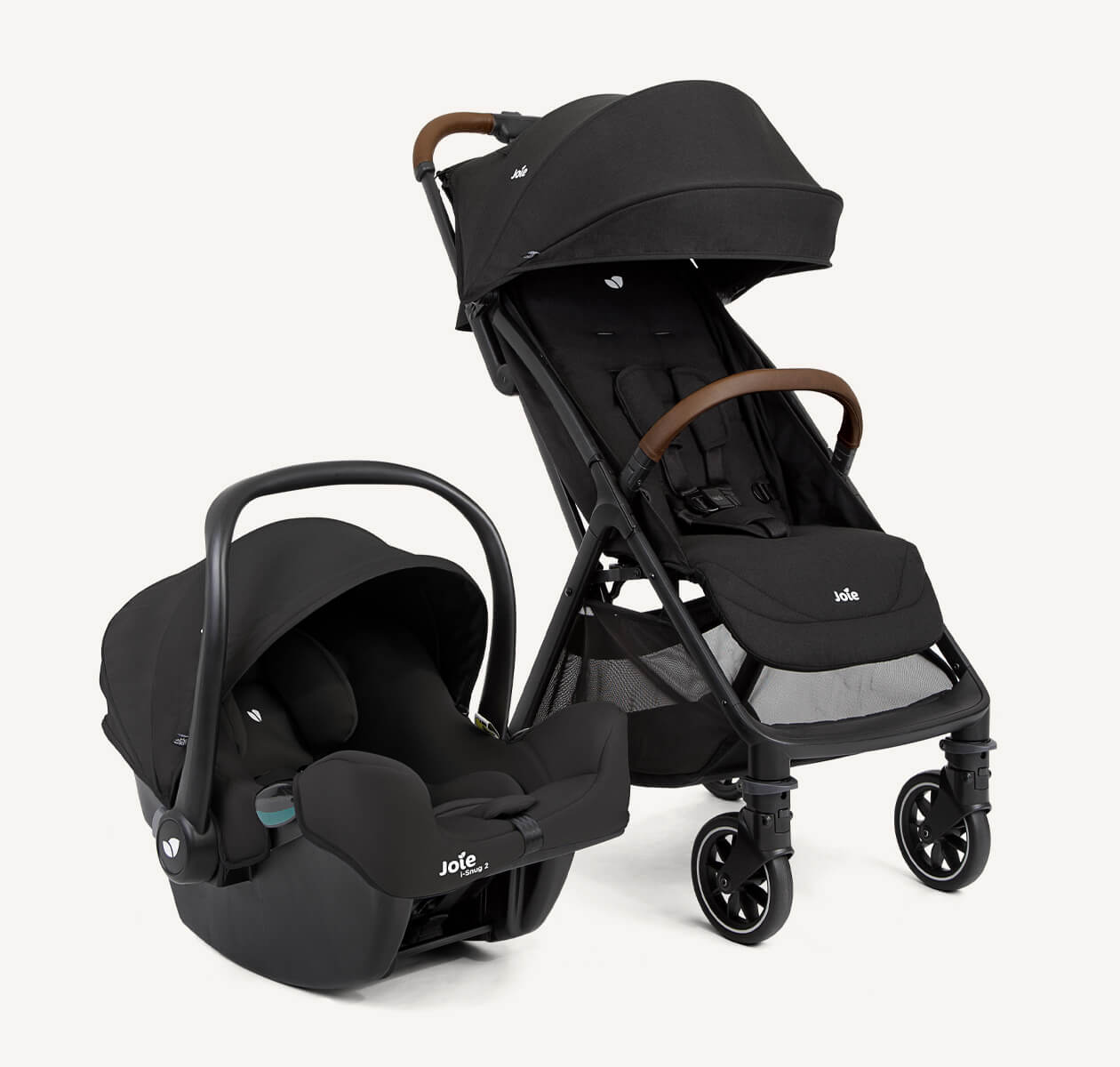 Joie i-snug 2 y pact pro en negro una al lado de la otra de perfil
