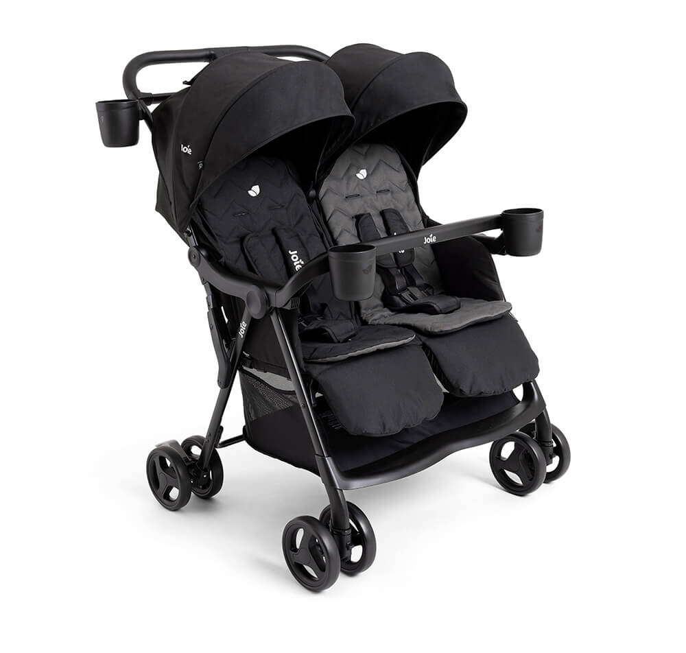 Right angle rosemary stroller in nectar & mineral with pink and blue seat inserts on white background