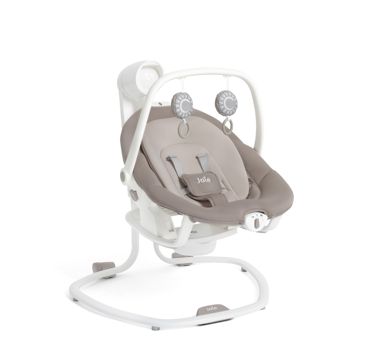 Right angle of miso swing and rocker in walnut on white background
