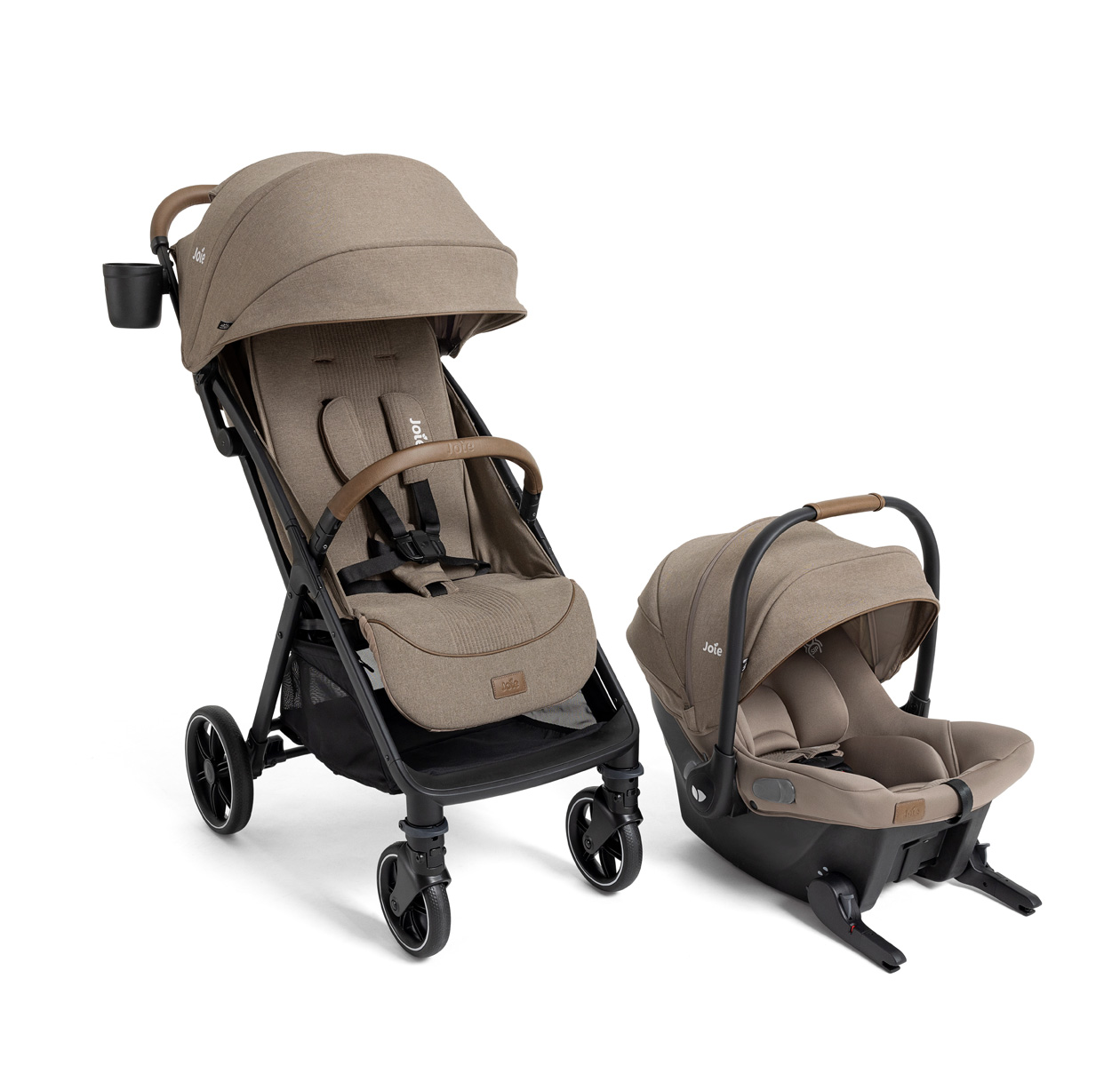 Right angle of nutmeg travel stroller and mint latch infant car seat in maple side by side on white background.
