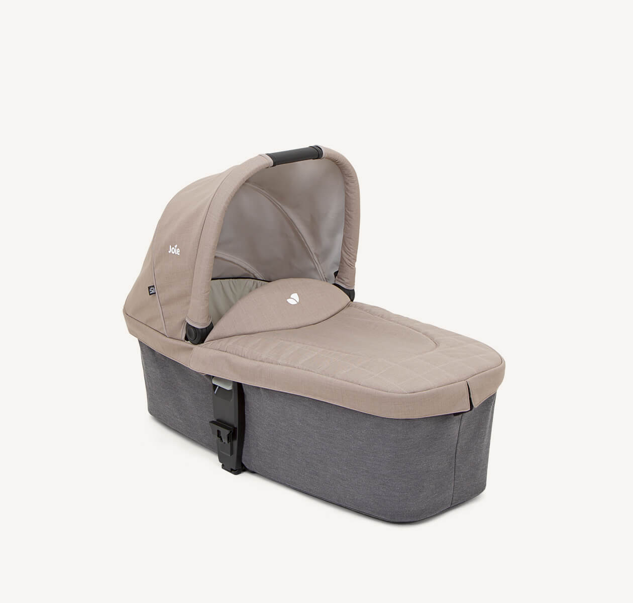  Joie chrome carry cot in light brown and gray at a right angle.