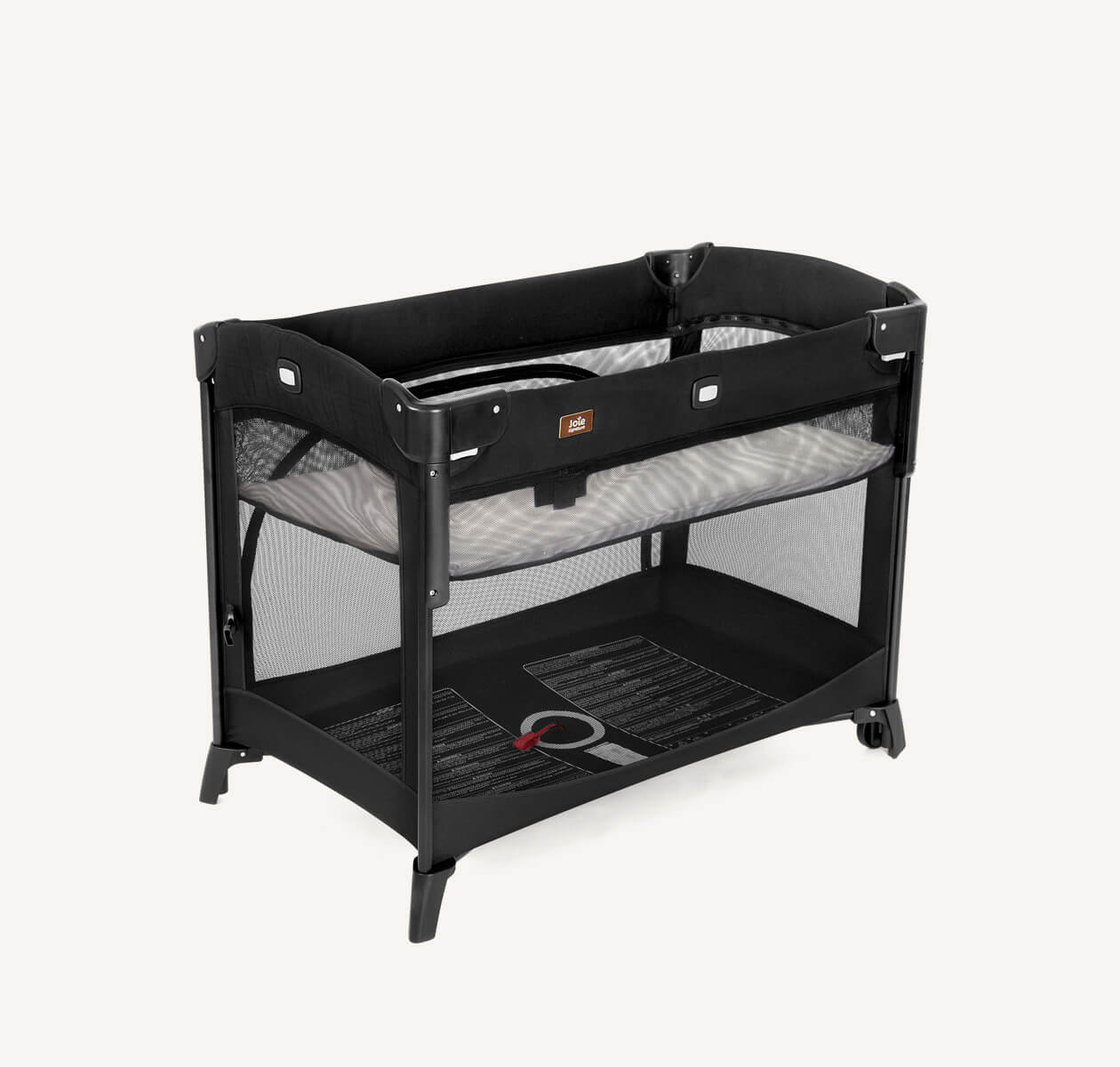 Joie kubbie sleep bedside cot in black at an angle.