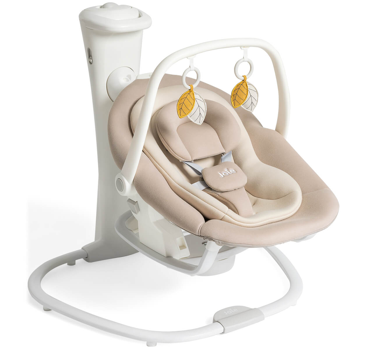 Right angle of ancho wind-up swing and rocker in almond on white background