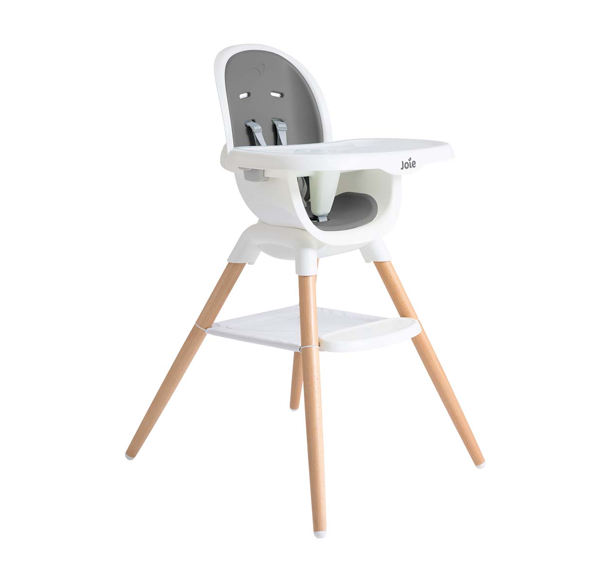 Right angle of chai multi-mode wooden highchair in shadow on white background