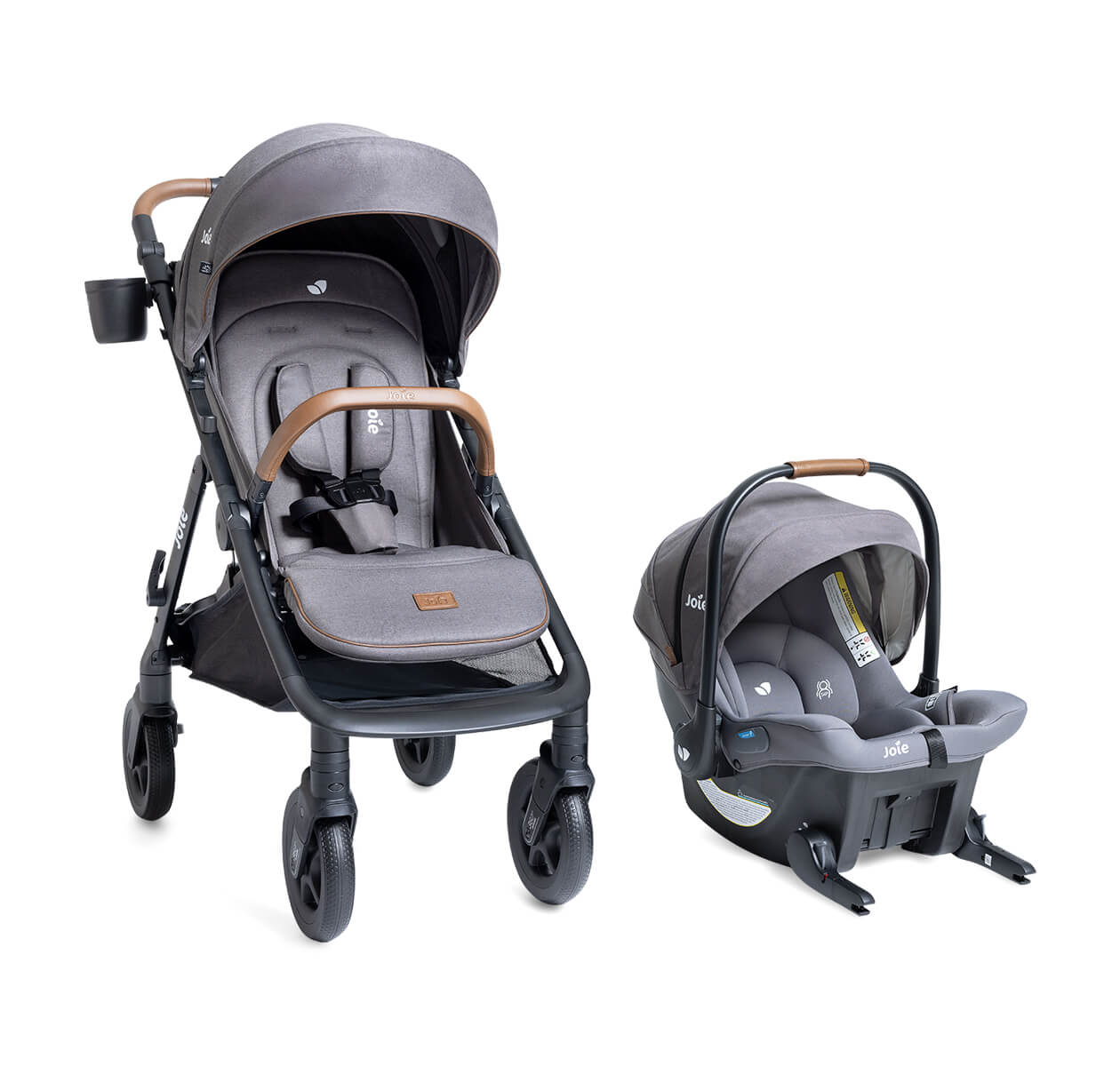 Three-quarter image of Caraway Whirl and Mint Latch Infant Car Seat Travel System with base on white background.