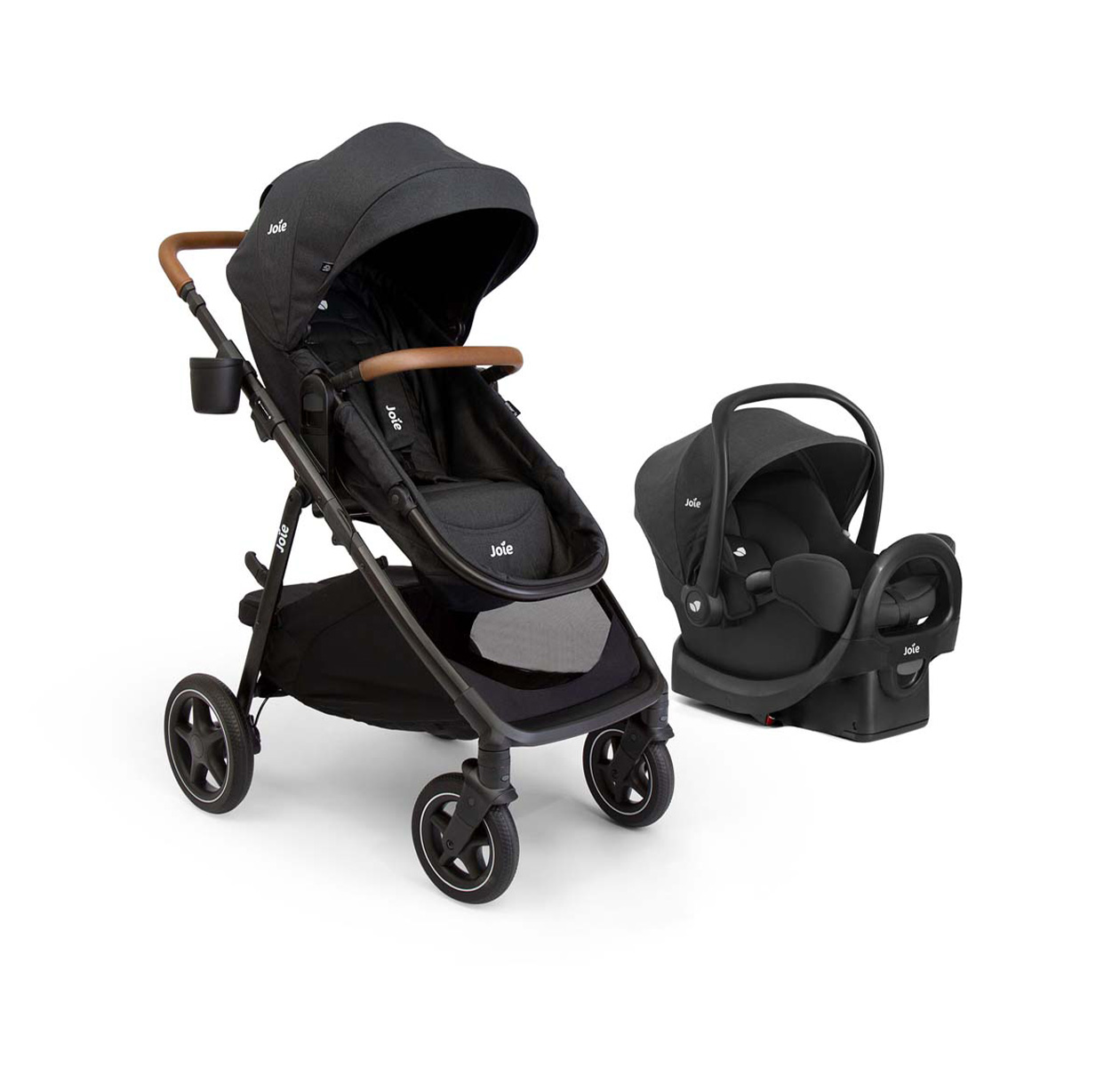 Right angle kava stroller with rue infant car seat in shale on white background
