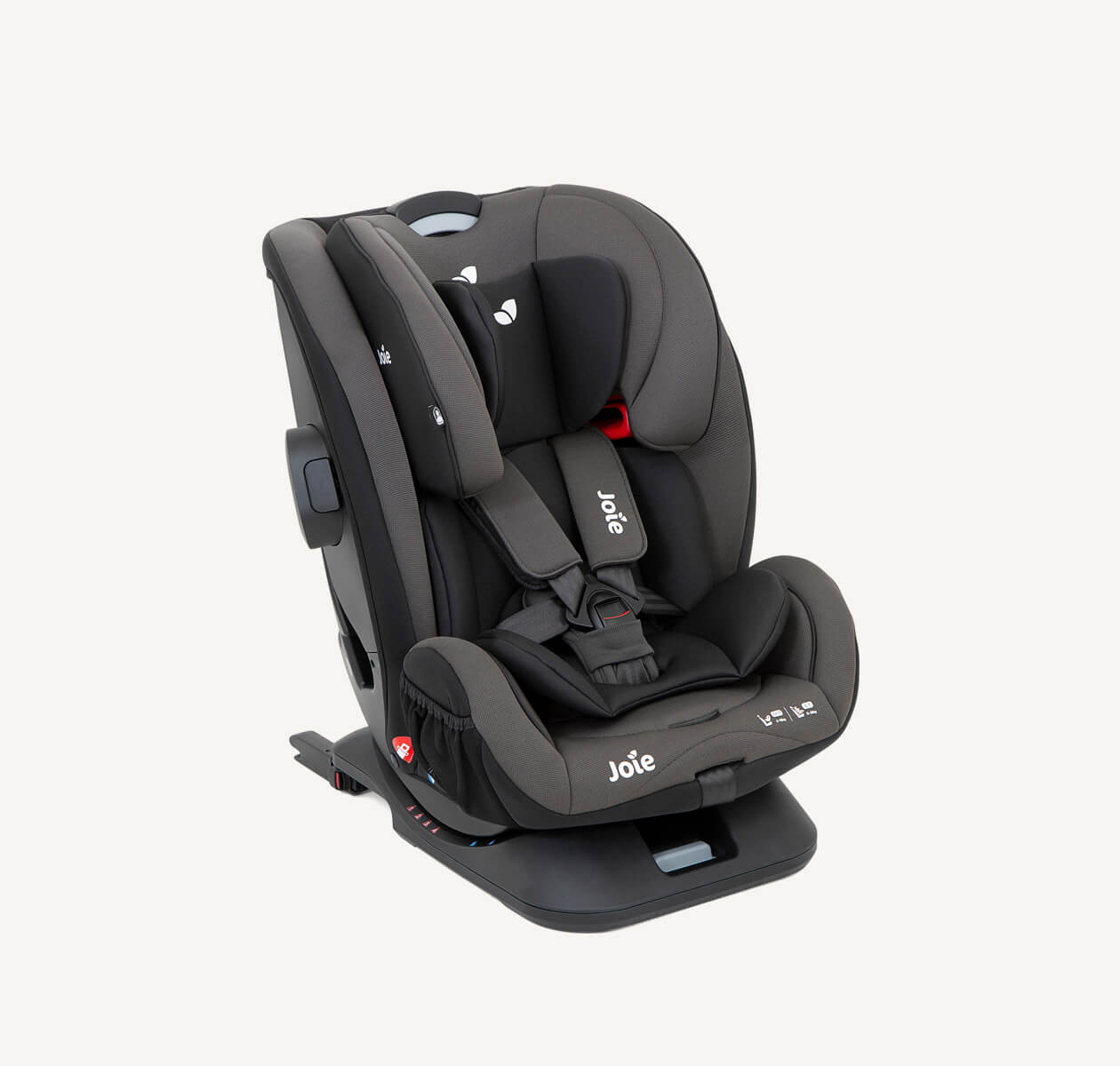Siège auto Joie verso, coloris gris foncé, positionné en angle droit avec inserts pour bébé inclus.