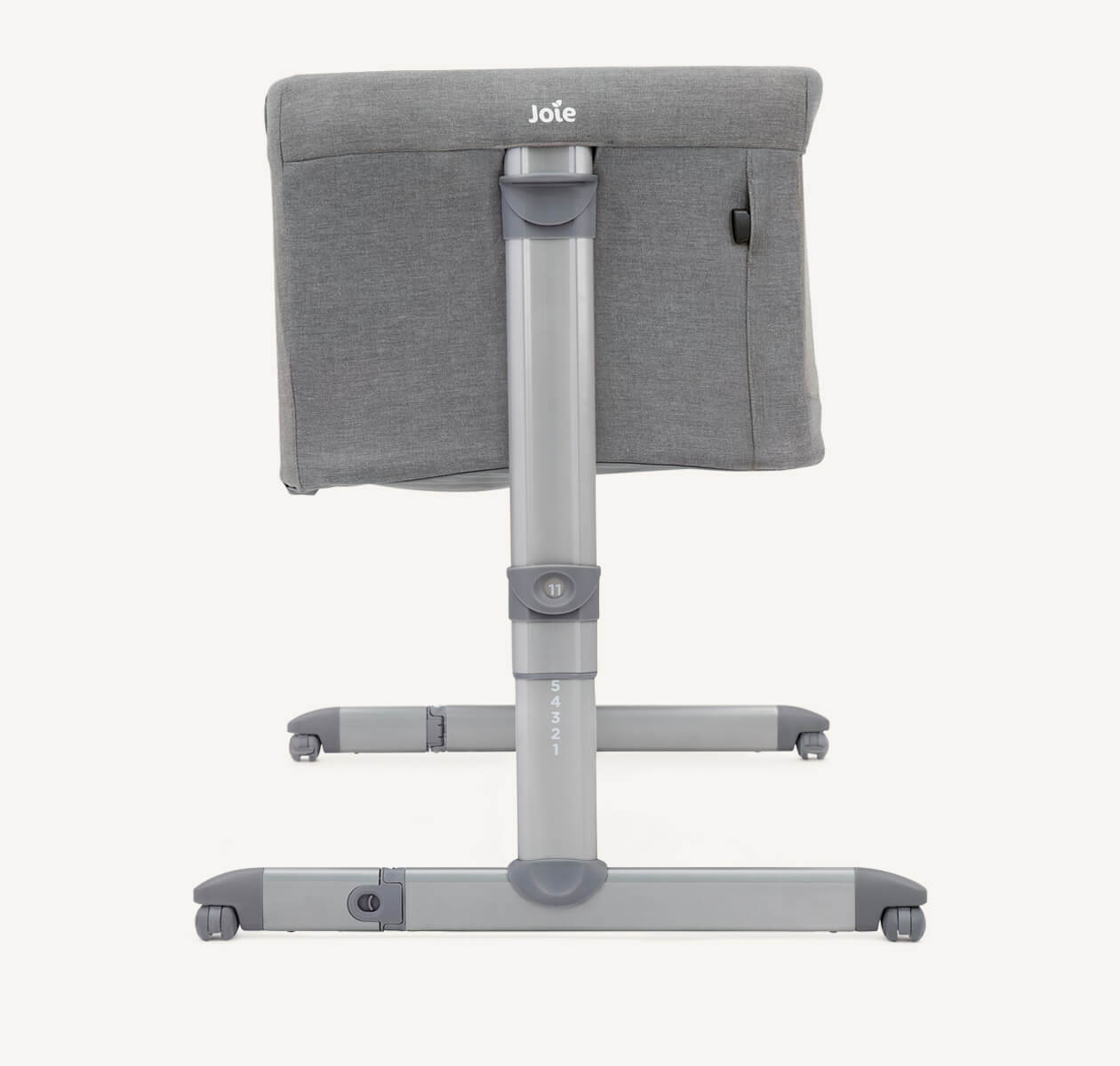   Side view of light gray Joie roomie bedside crib, and zoomed in on leg.