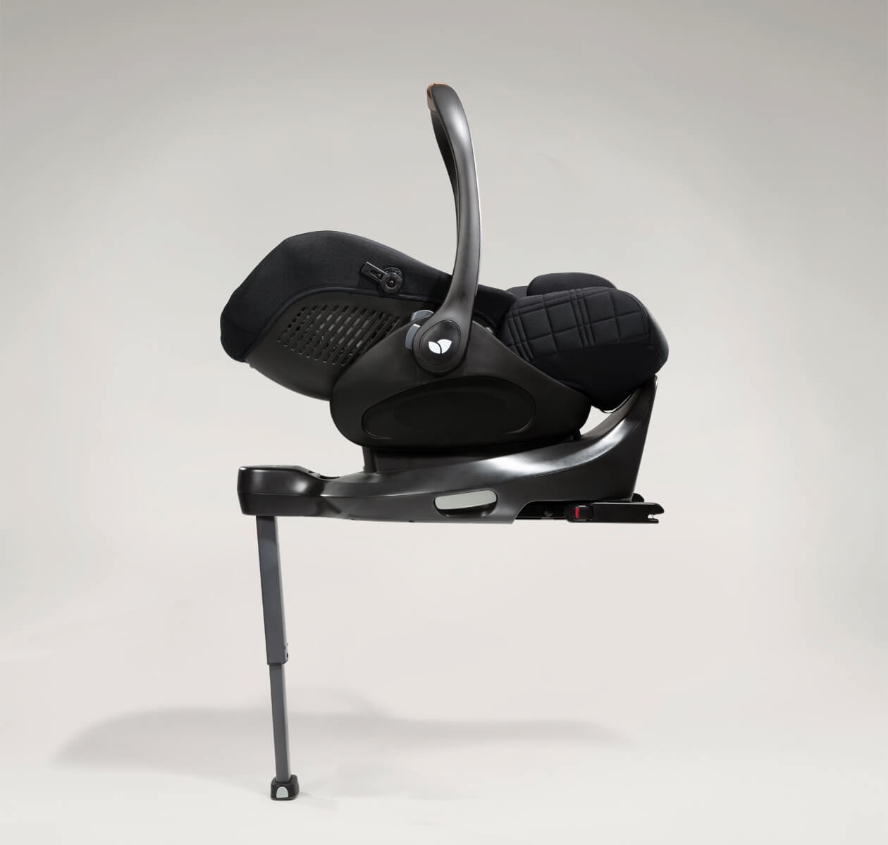 i level recline in eclipse black, with the canopy removed and connected to I base encore in full recline