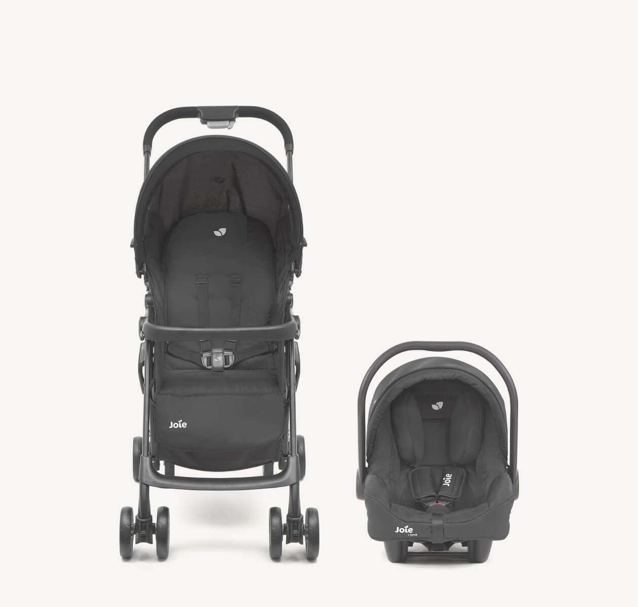  Joie i-Juva travel system image of pushchair and infant carrier in black side-by-side.