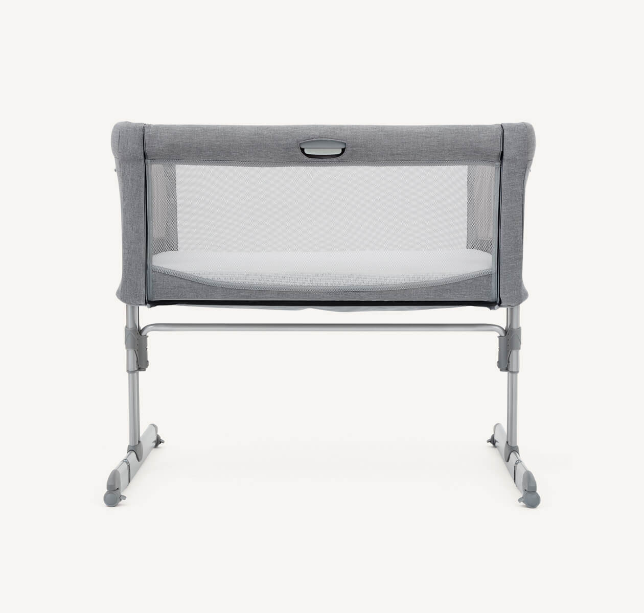   Front view of light gray Joie roomie bedside crib.