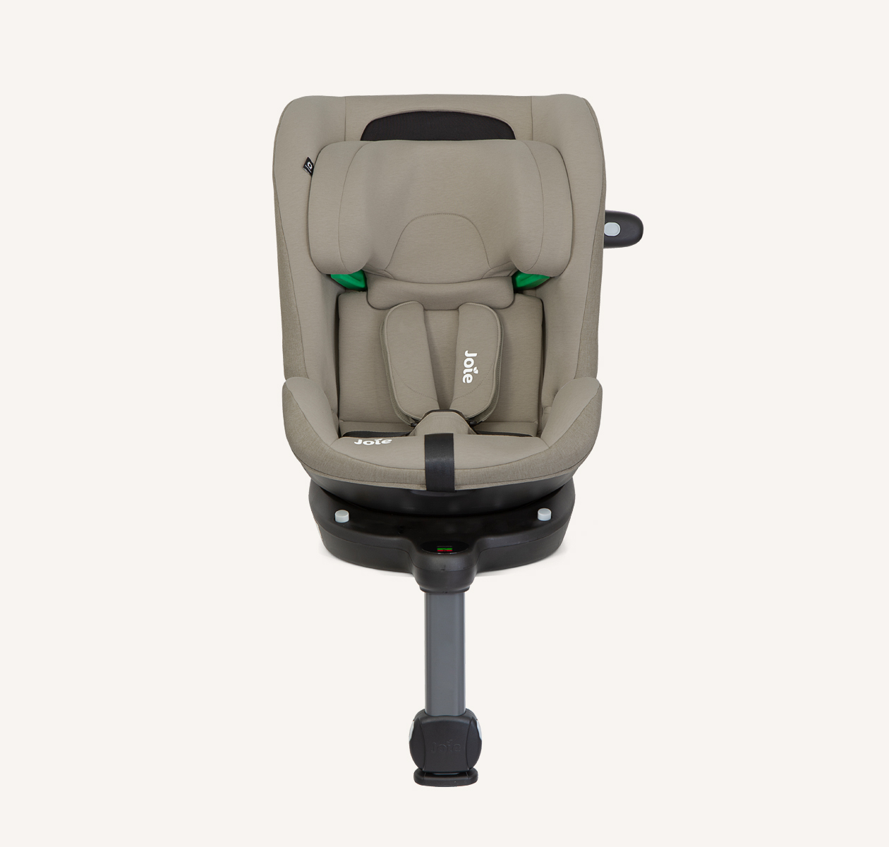 Joie i-Pivot Grow car seat in tan facing forward with headrest raised
