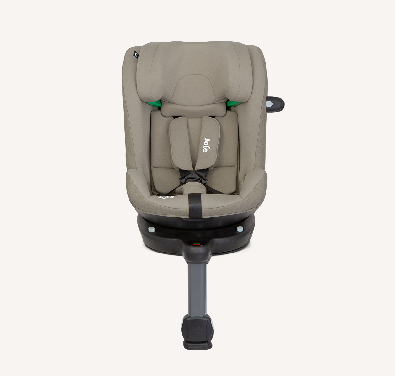 Joie i-Pivot Grow car seat in tan facing forward with headrest raised
