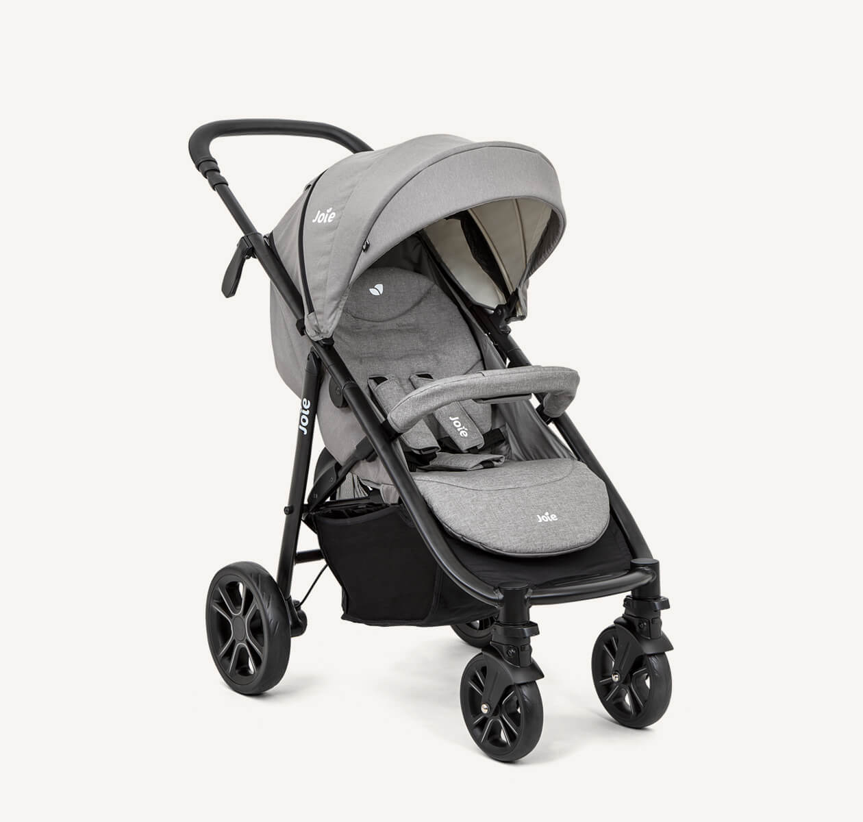 Joie litetrax 4 dlx stroller in gray at an angle. 
