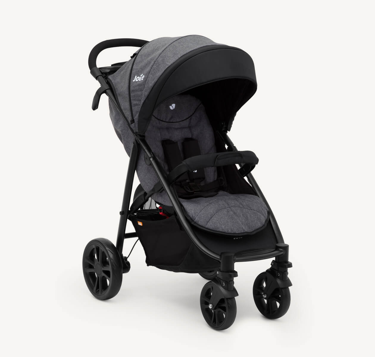 A black Joie Litetrax 4 stroller, facing toward the right at an angle.