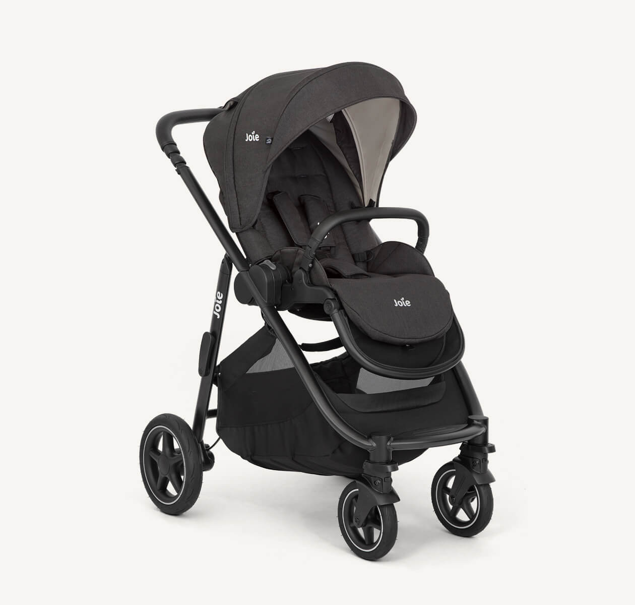 Joie black versatrax pram positioned at a right angle.