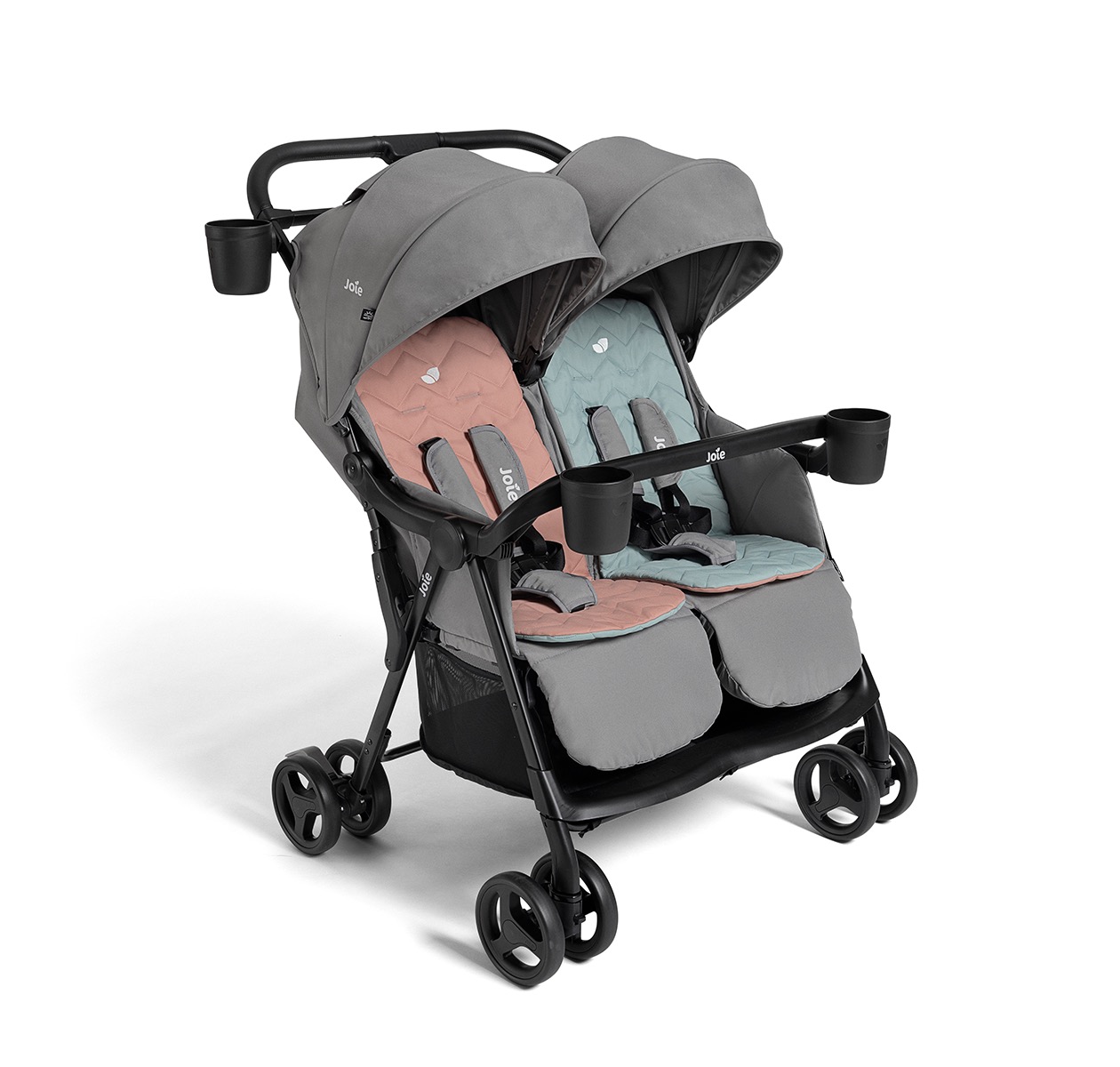 Right angle rosemary stroller in nectar & mineral with pink and blue seat inserts on white background