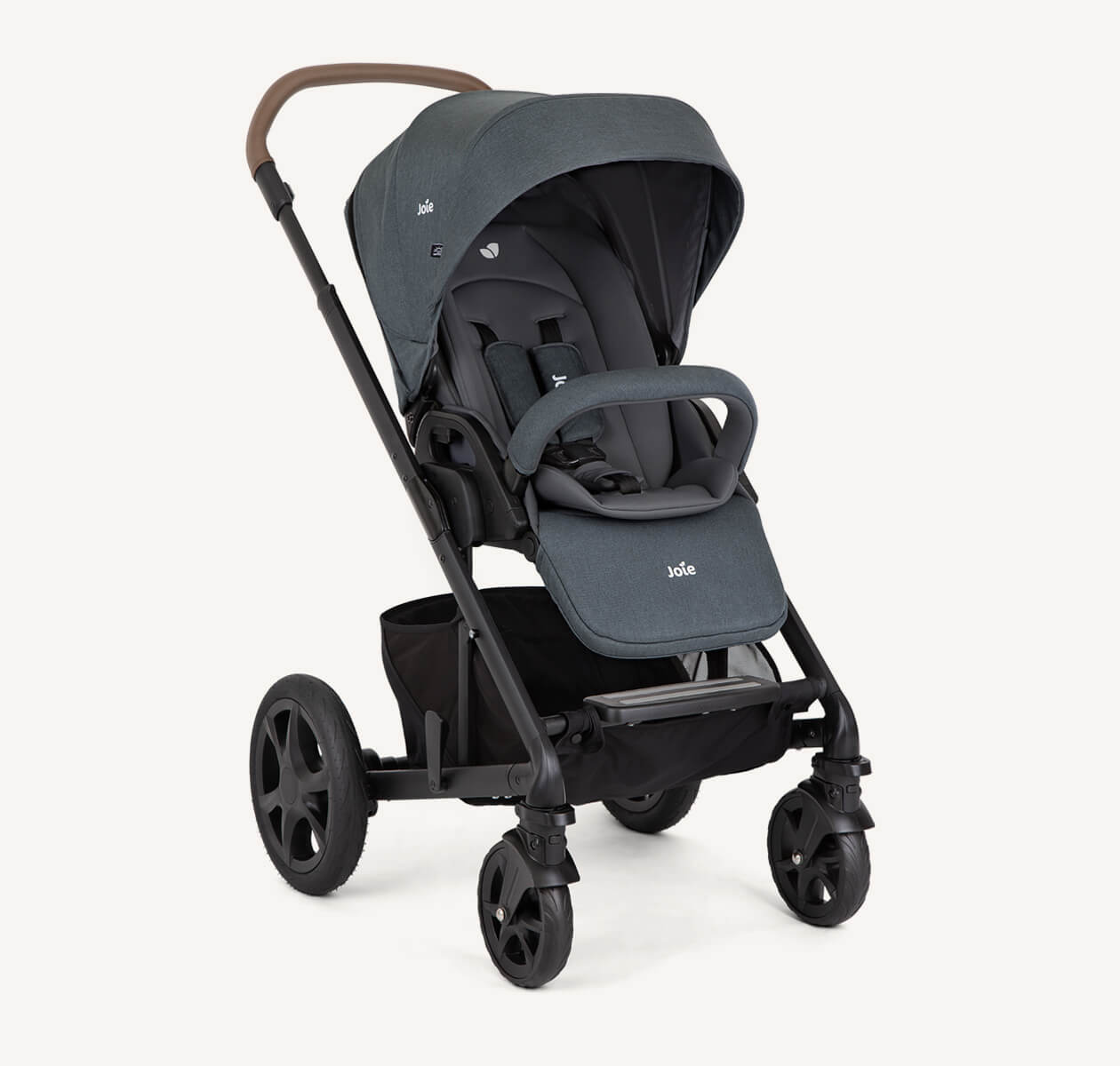 The Joie Chrome DLX pram in blue at an angle facing to the right.