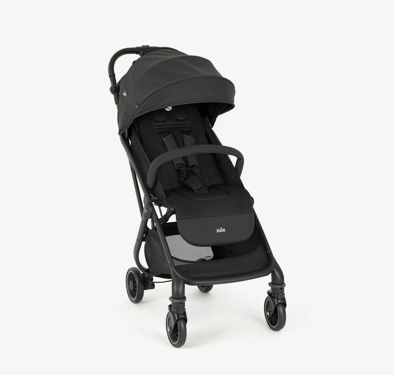 Joie black tourist lightweight stroller at an angle.