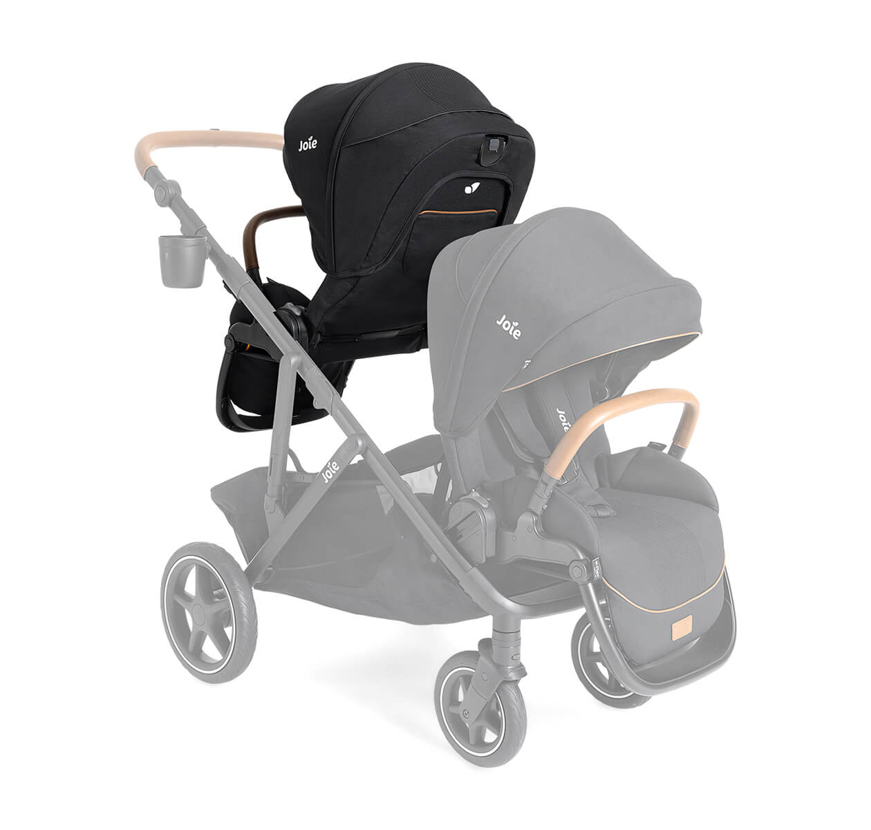 Right angle of chive singe-to-double stroller in shale with added sibling seat highlighted one parent-facing and one world-facing on white background
