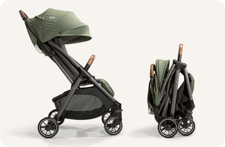 Joie Signature parcel stroller in light green shown from a side view fully open and as a freestanding, compact fold.