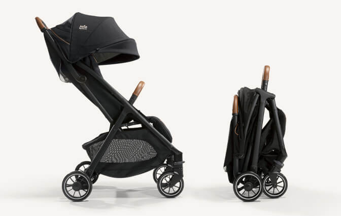 Joie Signature parcel stroller in black shown from a side view fully open and as a freestanding, compact fold.