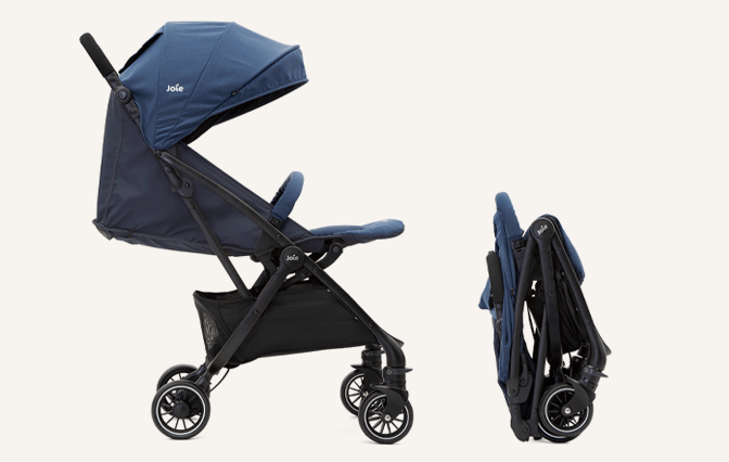 Joie Tourist stroller in blue shown from a side view fully open and as a freestanding, compact fold.