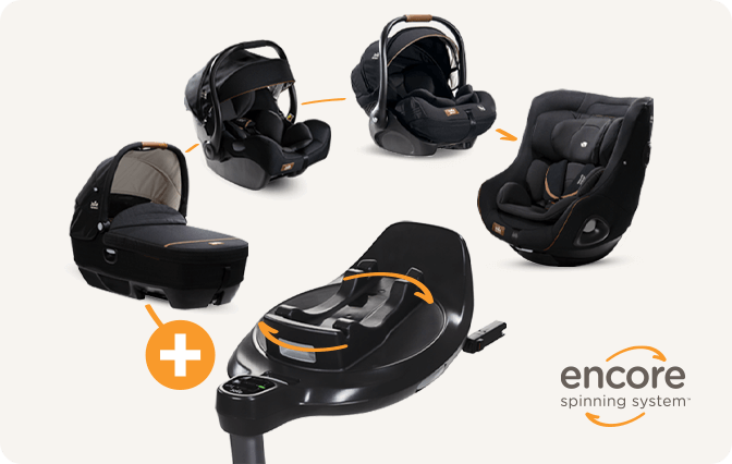 The 5 products that make up the Joie Encore spinning system of car seats shown in a circle.