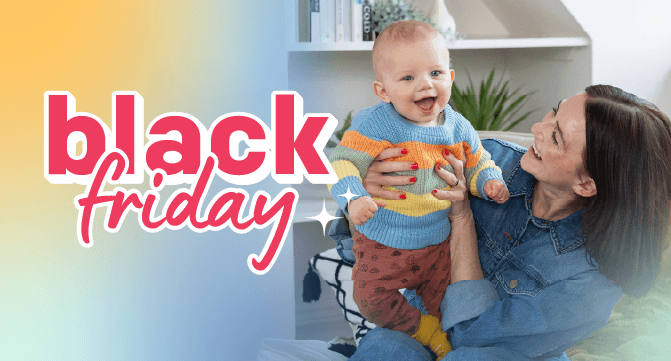 image of a mother holding baby with text referencing a black friday sale 