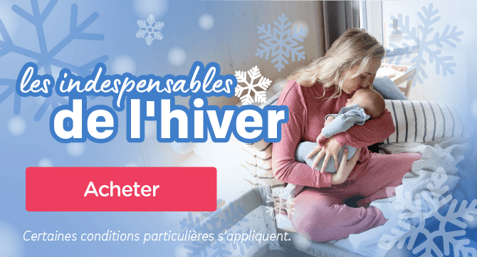 Image d'une mère tenant un bébé blotti dans son lit avec un texte faisant référence aux produits essentiels pour l'hiver.