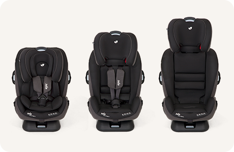 Joie car seat from a side view on a car seat base with a ruler icon to show a good fit on the seat.