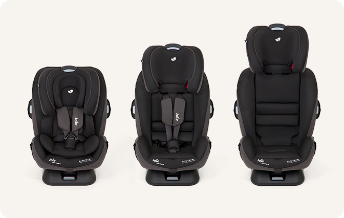 Joie car seat from a side view on a car seat base with a ruler icon to show a good fit on the seat.