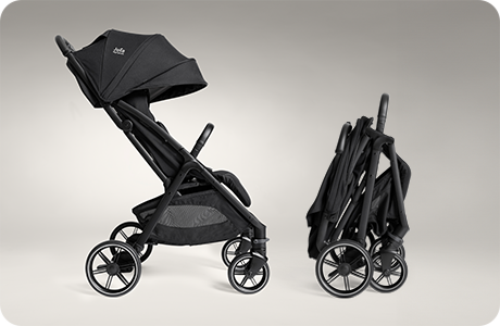 Joie parcel stroller in black shown from a side view fully open and as a freestanding, compact fold.