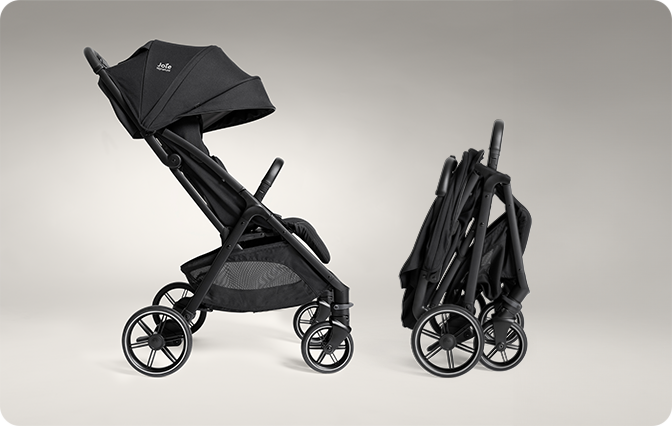 Joie parcel stroller in black shown from a side view fully open and as a freestanding, compact fold.