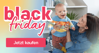 Black Friday Banner mit einer lachenden Mutter, die ihr Baby auf dem Arm hält.