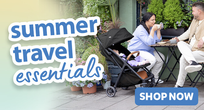 Parents chatting over coffee at a cafe table in an outdoor garden setting. Baby is relaxing comfortably next to them in the Joie pact pro pushchair. Text on the image is highlighting summer travel essentials.
