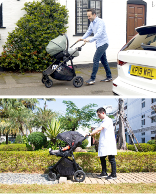 Vader duwt een Joie kinderwagen bovenaan met daaronder een afbeelding van hoe Joie kinderwagens test.