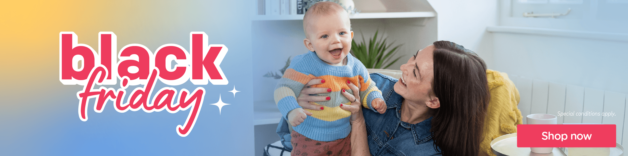 image of a mother holding baby with text referencing a black friday sale 