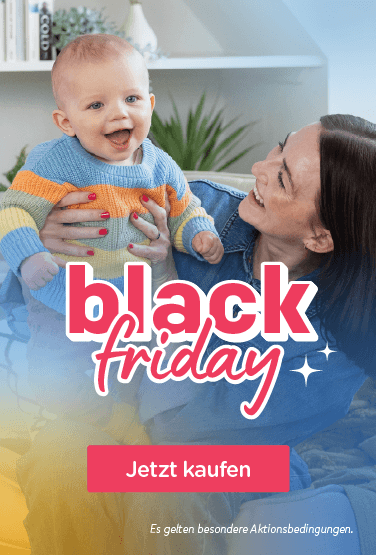 Black Friday Banner mit einer lachenden Mutter, die ihr Baby auf dem Arm hält.