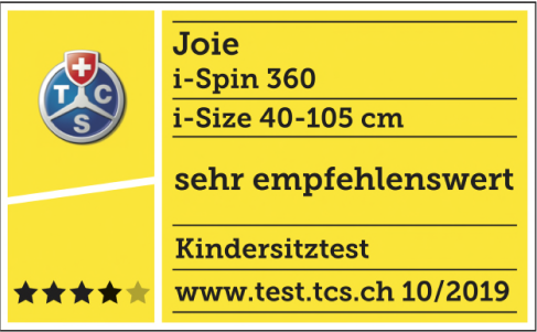 Touring Club Switzerland rating & certificate for the Joie i-Spin 360 spinning car seat.